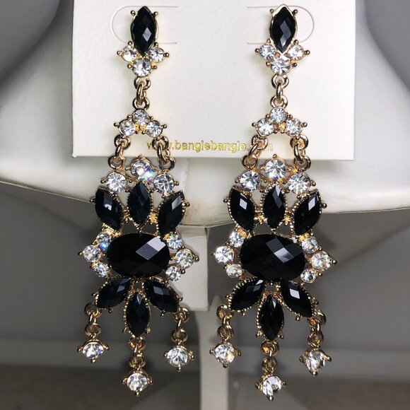 Amrita Jet Black & Gold Chandelier Crystal Earrings - Picture 1 of 5